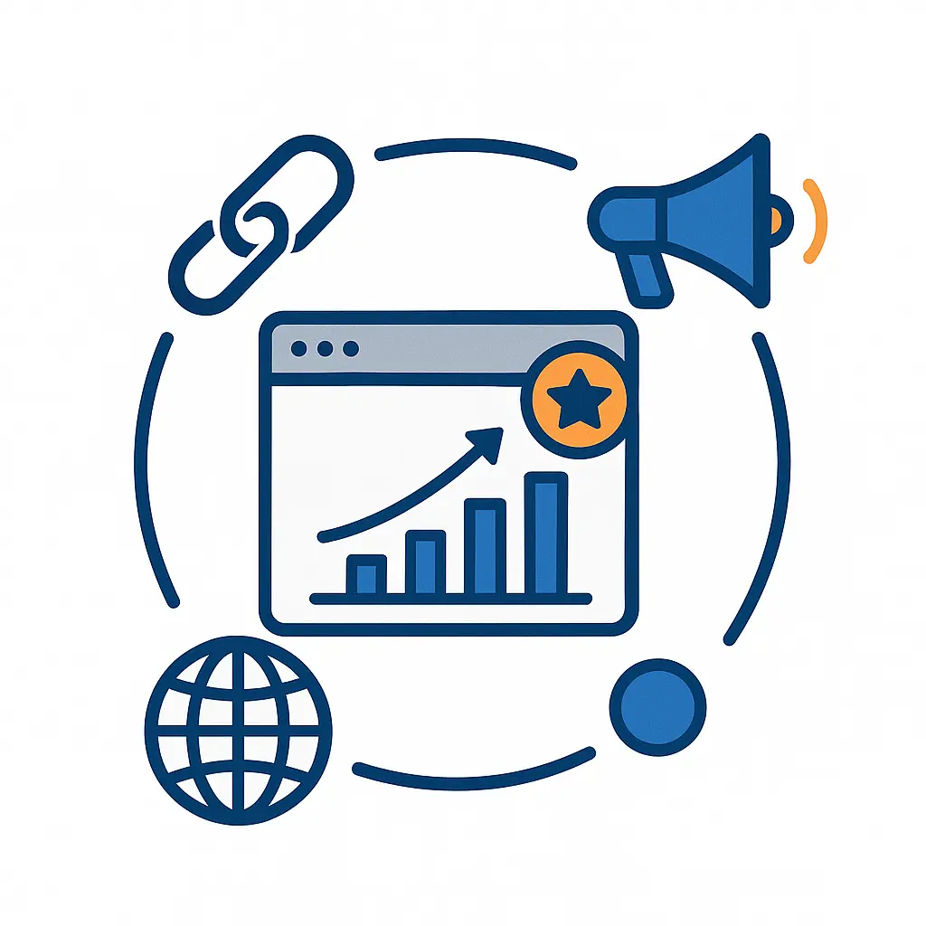 Link building, global reach, and digital outreach as part of off-page SEO.