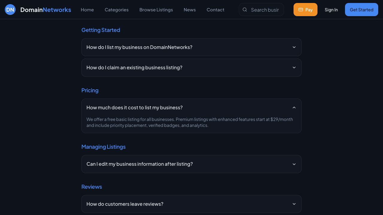 Domain Networks FAQ describing free and premium directory listings