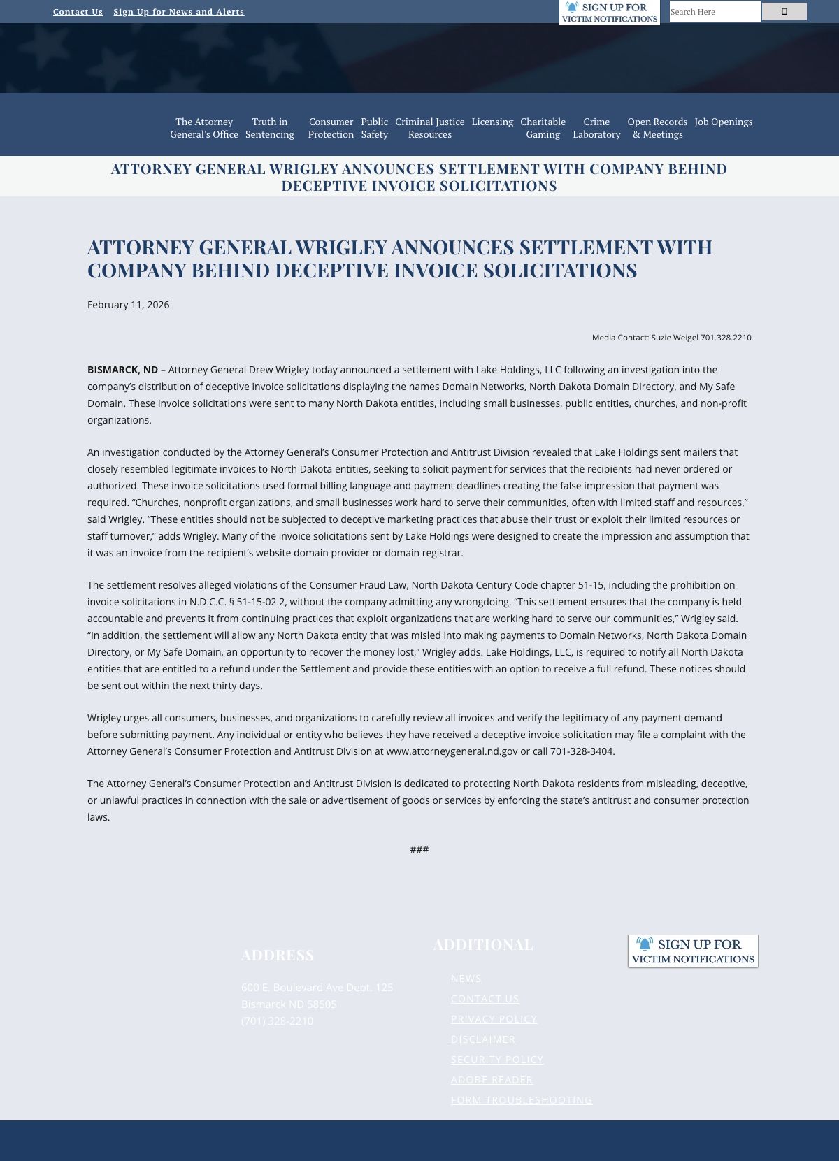 North Dakota Attorney General announcement about Lake Holdings and Domain Networks