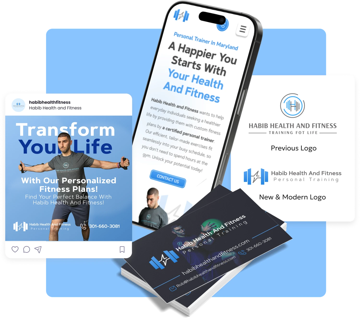 Brand identity system by QA Digital Partners for Habib Health and Fitness: social post, website, logo redesign and business cards