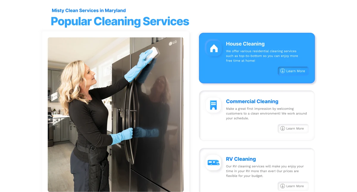 Misty Clean new website showing house, commercial, move-in/move-out and RV cleaning services