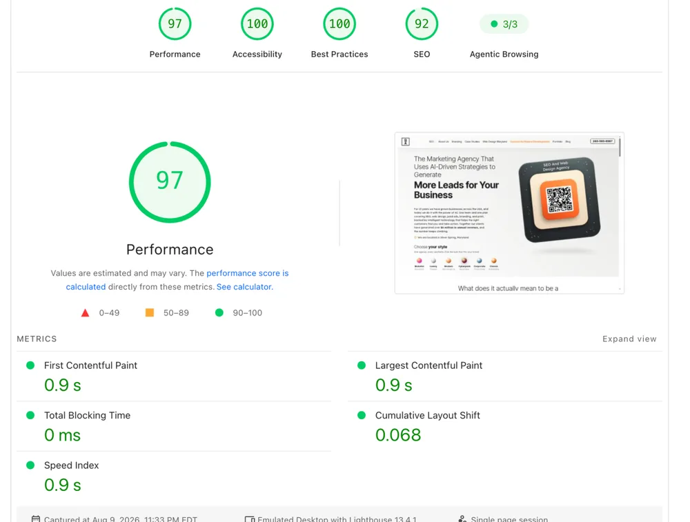 PageSpeed Insights desktop report for qadigitalpartners.com after optimization, performance score 97