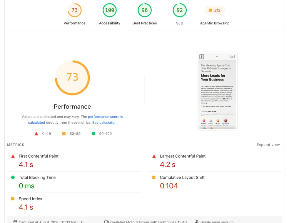 PageSpeed Insights mobile report for qadigitalpartners.com after optimization, performance score 73