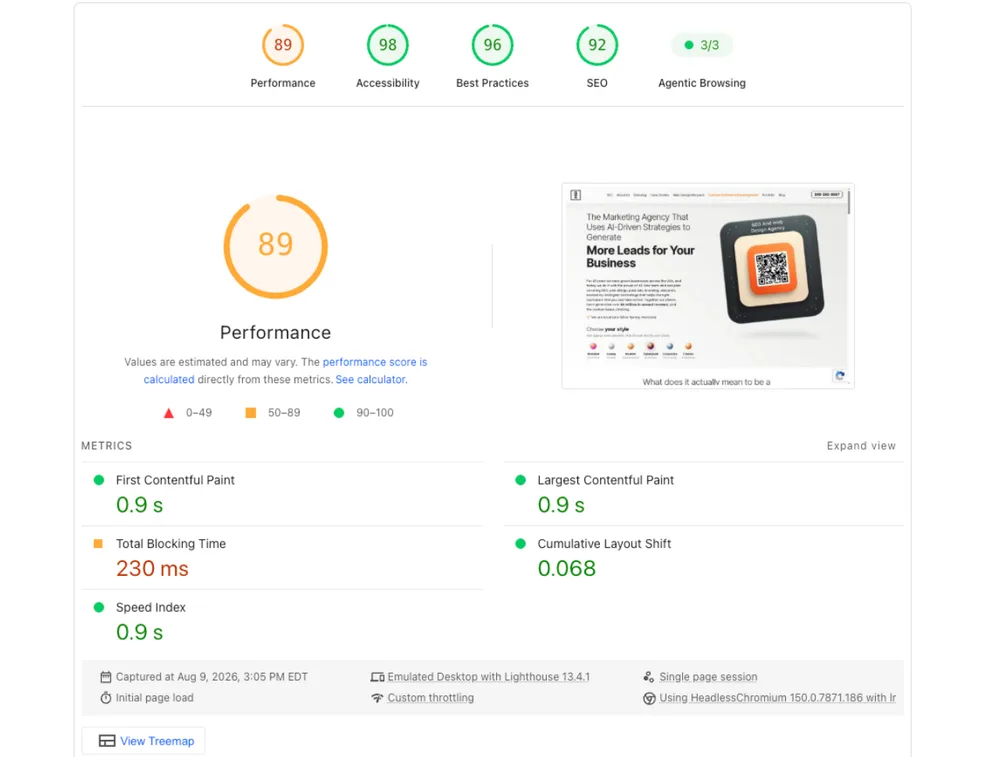 PageSpeed Insights desktop report for qadigitalpartners.com before optimization, performance score 89